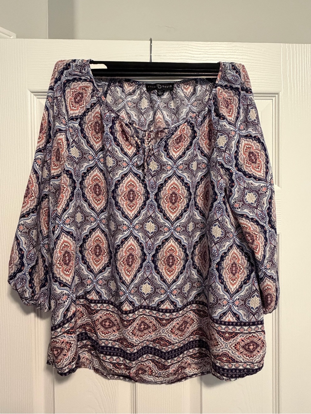Fred David Blue Paisley Tie-Neck Peasant Blouse